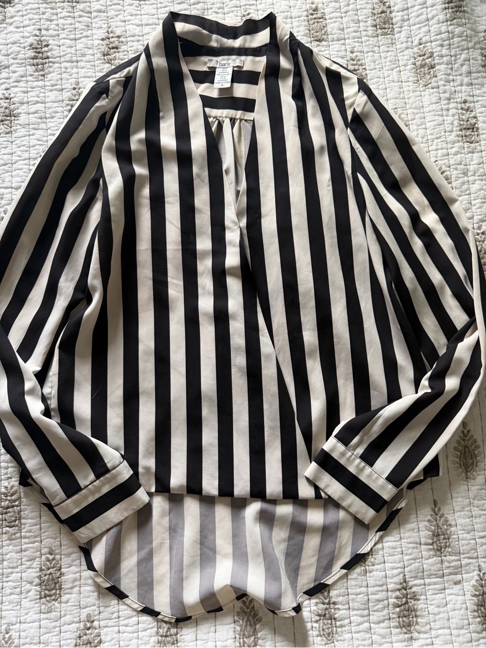 Bar III Black and Cream Striped V‑Neck Tunic Blouse